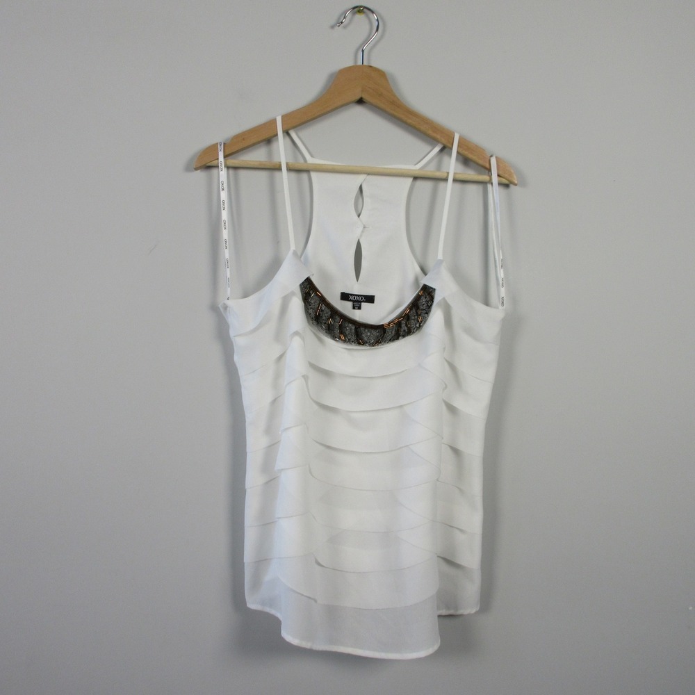 XOXO Tank Cami Top Women M White Beaded Neckline Layered Casual Y2K Preppy 142